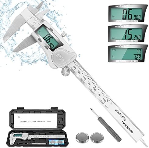 Digital Caliper Measuring Tool, IP54 Waterproof Electronic Micrometer Caliper, Stainlee Steel Vernier Caliper with Large LCD Screen, Inch Metric Fraction Conversion, 6 Inch for Household/DIY